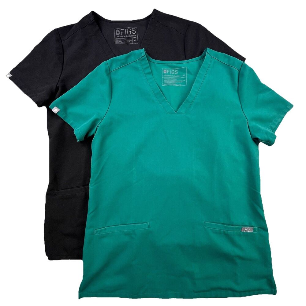 Figs Scrubs Top Lot of 2 Women’s XS Black & Green Short Sleeve V-Neck Pockets